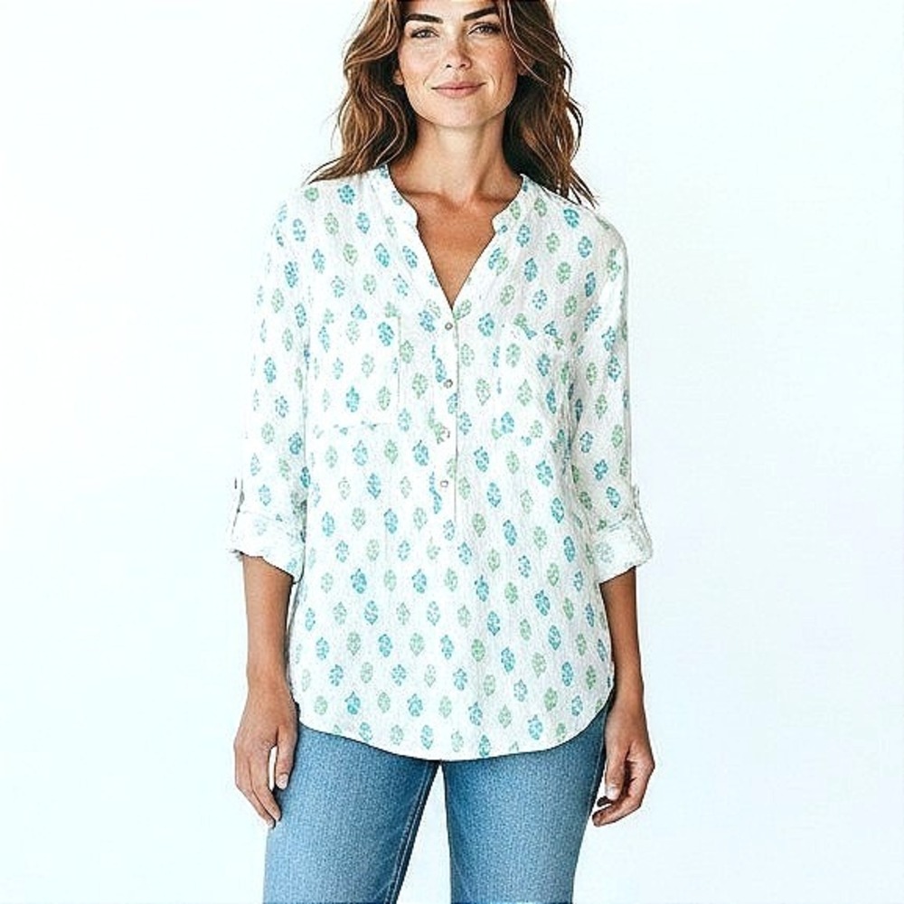 Old Navy Womens Linen Cotton‎ Leaf Print Roll Tab Button Down Shirt White Teal L